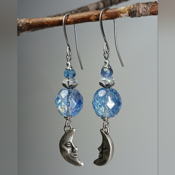 HAND CRAFTED Celestial Blue Czech Glass Silver Crescent Moon Dangle Earrings - Picture 4 of 7